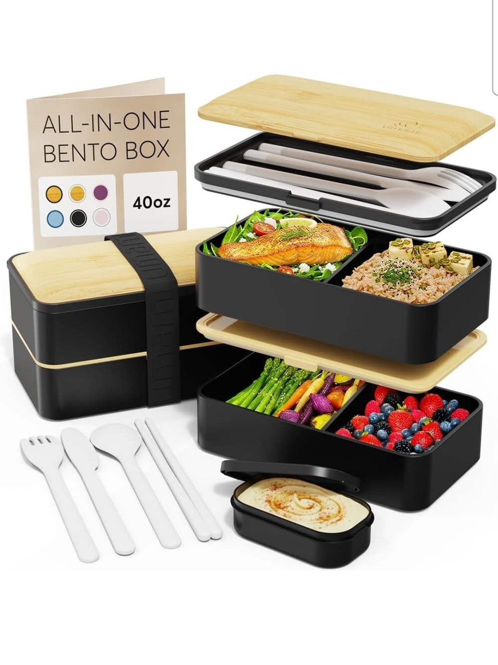 Bamboo Lid Black 3-Tier Bento Box Lunch Container New